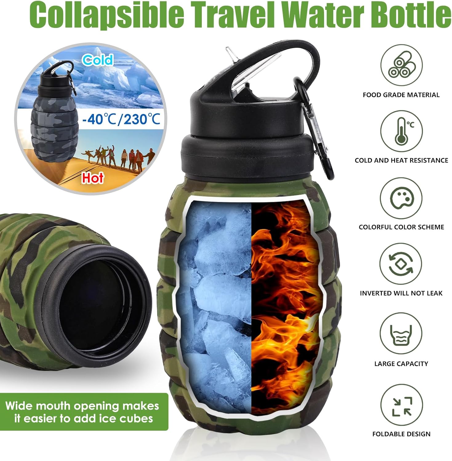 Collapsible Travel Water Bottle18oz, Reuseable Silicone Foldable Water Bottles for Gym Camping Hiking, Portable Leak Proof Sports Water Bottle with rugby Carabiner (Green) - Image 2