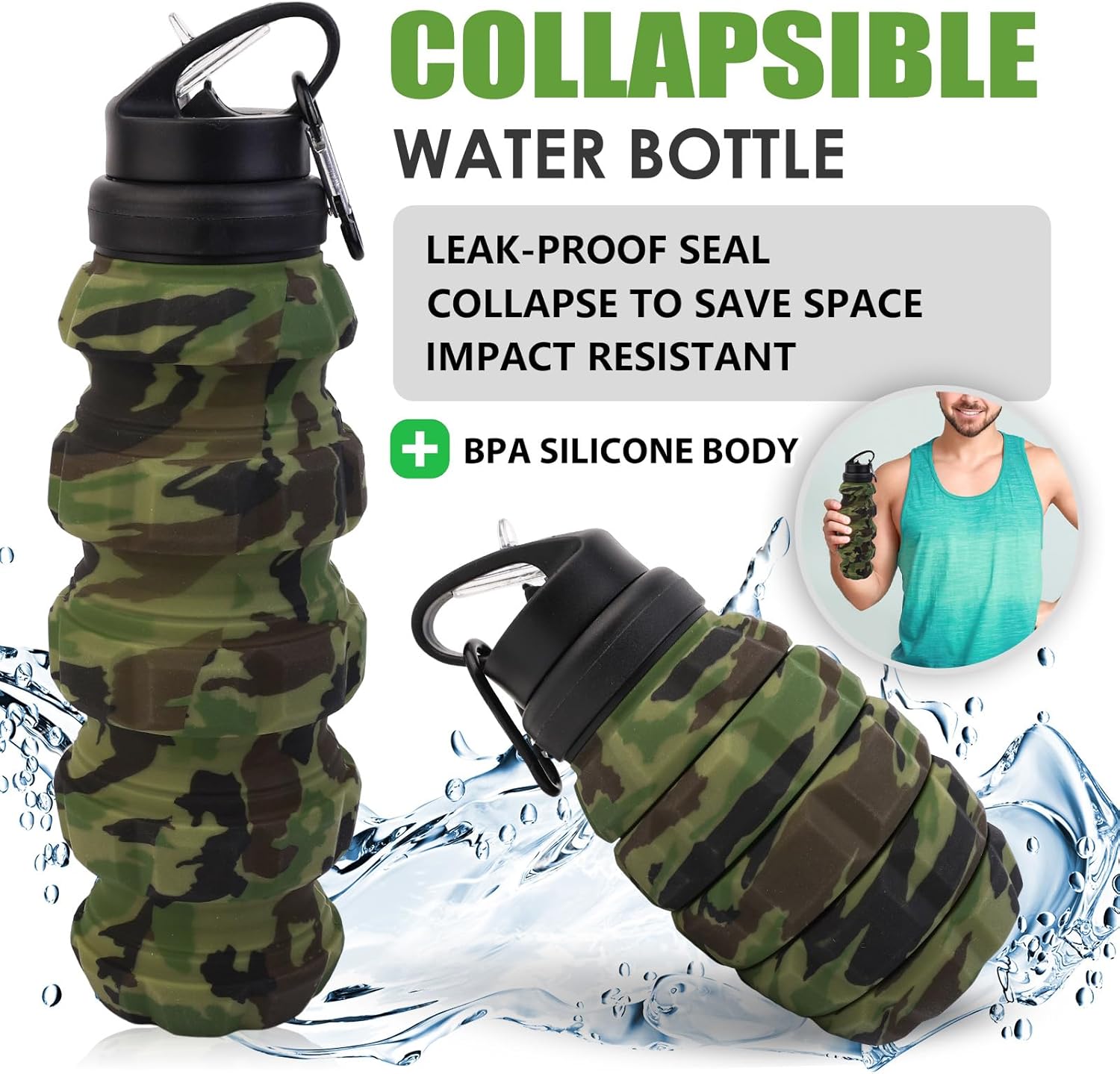 Collapsible Travel Water Bottle18oz, Reuseable Silicone Foldable Water Bottles for Gym Camping Hiking, Portable Leak Proof Sports Water Bottle with rugby Carabiner (Green) - Image 3