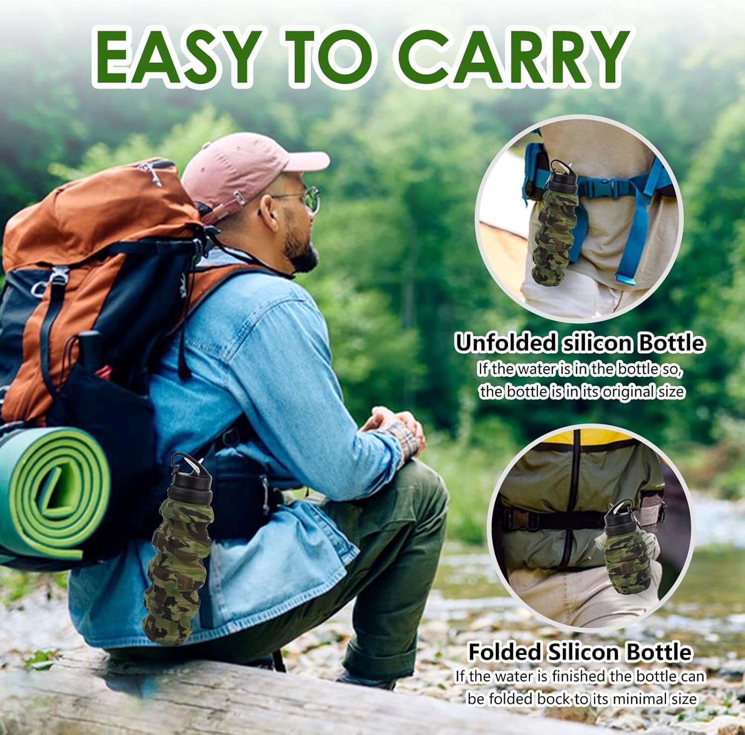 Collapsible Travel Water Bottle18oz, Reuseable Silicone Foldable Water Bottles for Gym Camping Hiking, Portable Leak Proof Sports Water Bottle with rugby Carabiner (Green) - Image 4