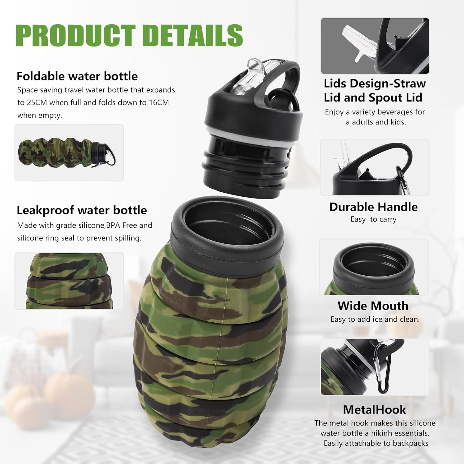 Collapsible Travel Water Bottle18oz, Reuseable Silicone Foldable Water Bottles for Gym Camping Hiking, Portable Leak Proof Sports Water Bottle with rugby Carabiner (Green) - Image 5