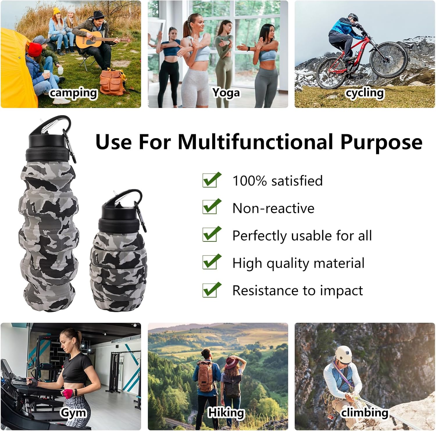 Collapsible Travel Water Bottle18oz, Reuseable Silicone Foldable Water Bottles for Gym Camping Hiking, Portable Leak Proof Sports Water Bottle with rugby Carabiner (Green) - Image 6