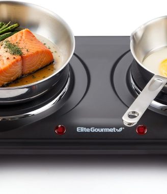Elite Gourmet EDB-302BF# Countertop Double Cast Iron Burner, 1500 Watts Electric Hot Plate, Temperature Controls, Power Indicator Lights, Easy to Clean, Black