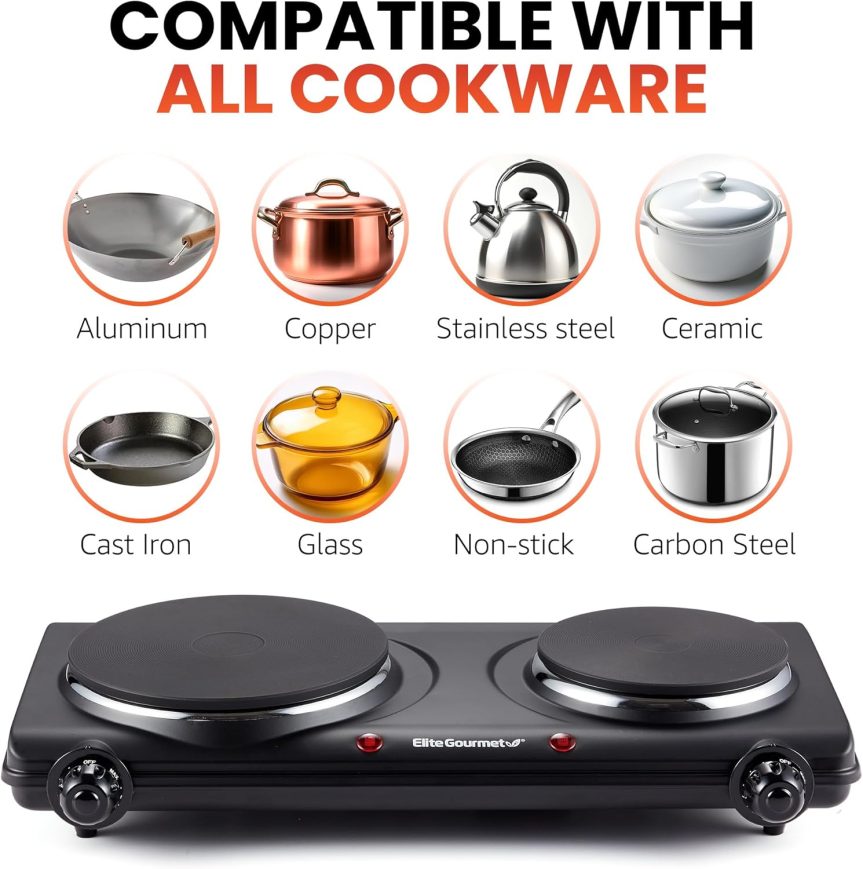 Elite Gourmet EDB-302BF# Countertop Double Cast Iron Burner, 1500 Watts Electric Hot Plate, Temperature Controls, Power Indicator Lights, Easy to Clean, Black - Image 6